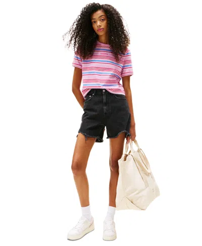 Tommy Jeans Women's Regular Fit Script Stripe Logo Tee In Carnival Pink,stripe