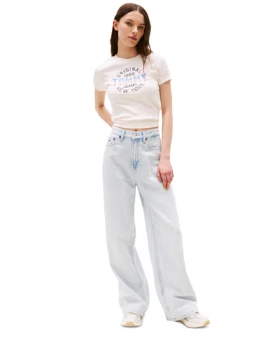 Tommy Jeans Women's Slim-fit Ribbed Americana Graphic T-shirt In Ancient White