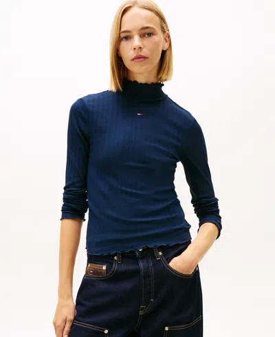 Tommy Jeans Women's Slim Ribbed Lettuce Edge Mock Neck Top In Blue