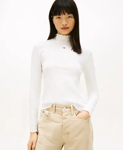 Tommy Jeans Women's Slim Ribbed Lettuce Edge Mock Neck Top In White