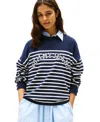Tommy Jeans Women's Striped Cotton Varsity Sweater In Dark Night Navy