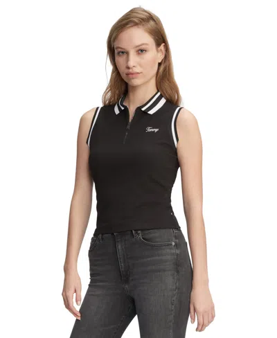 Tommy Jeans Women's Striped-edge Zippered Polo Top In Black