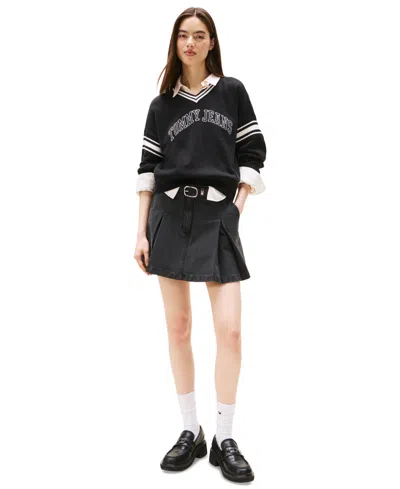 Tommy Jeans Women's Varsity V-neck Cotton Sweater In Black