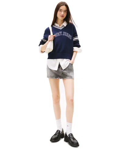 Tommy Jeans Women's Varsity V-neck Cotton Sweater In Blue