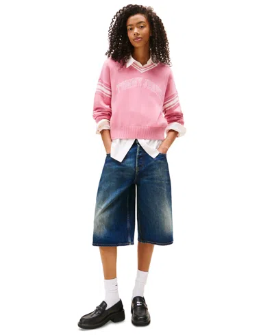 Tommy Jeans Women's Varsity V-neck Cotton Sweater In Pink