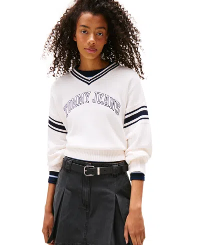 Tommy Jeans Women's Varsity V-neck Cotton Sweater In White
