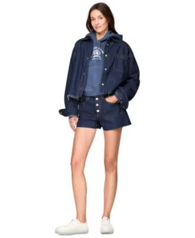 Tommy Jeans Womens Cropped Denim Shirt Jacket Cropped Varsity Crest Hooded Sweatshirt Hot Pants Denim Shorts In Denim Dark