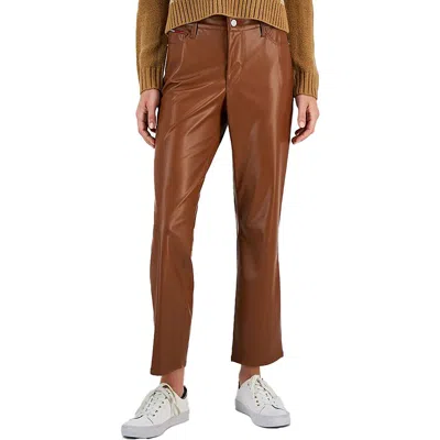 Tommy Jeans Womens High Rise Faux Leather Straight Leg Pants In Brown