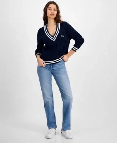 Tommy Jeans Womens Script Logo V Neck Ribbed Cotton Sweater Julie Straight Leg Button Waist Jeans In Denim Light