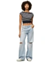Tommy Jeans Womens Striped Off The Shoulder Sweater Mia Relaxed Straight Jeans In Dark Night Navy