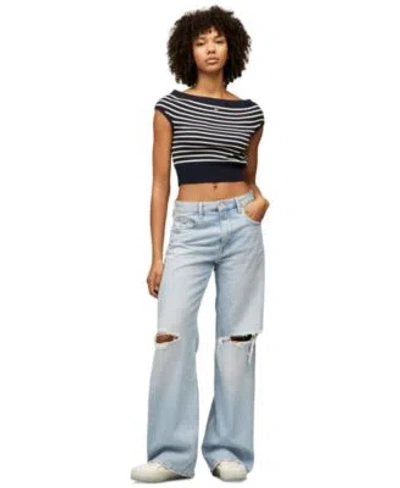 Tommy Jeans Womens Striped Off The Shoulder Sweater Mia Relaxed Straight Jeans In Denim Light