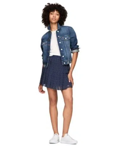 Tommy Jeans Womens Studded Star Denim Jacket Pointelle T Shirt Mini Star Print Pleated Skirt In Navy Star Aop