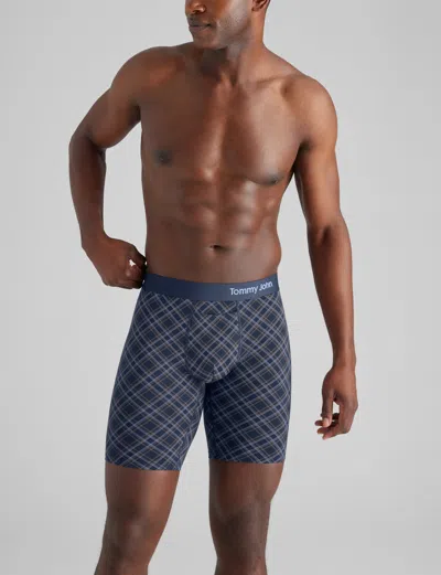 Tommy John Men's Cool Cotton Boxer Brief 8" In Colony Blue Tartan Plaid