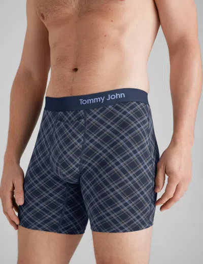 Tommy John Men's Cool Cotton Mid-length Boxer Brief 6" In Colony Blue Tartan Plaid