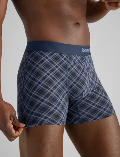 Tommy John Men's Cool Cotton Trunk 4" Boxer Brief In Colony Blue Tartan Plaid