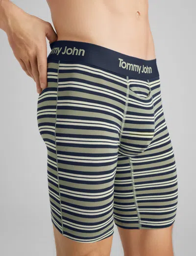 Tommy John Men's Second Skin Boxer Brief 8" In Oil Green Varsity Stripe