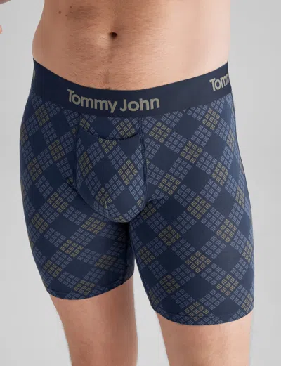 Tommy John Men's Second Skin Mid-length Boxer Brief 6" In Blue Diamond Plaid