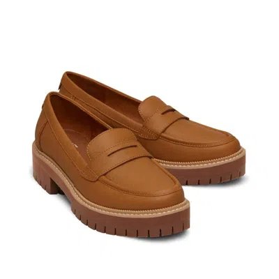Toms Cara 10020214 Loafer Women's 7.5 Tan Leather Slip-on Platform Shoes Khd2014