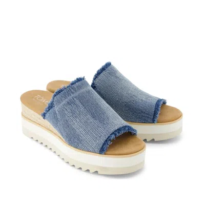 Toms Diana 10021954 Sandals Blue Denim Fray Wedge Heel Mule Hawk508