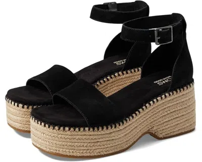 Toms Laila Sandals Women's Black Ankle Strap Espadrille Wedge Heel Zogg971