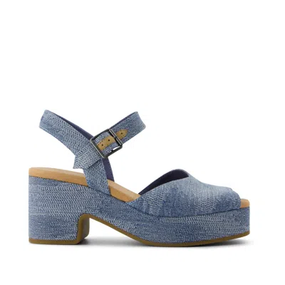 Toms Women's Isla Peep Toe Heeled Sandal Dark Sky Denim Slip On In Blue