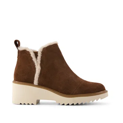 Toms Women's Maude Wedge Boot Hot Cocoa Suede W/ Faux Fur In Brown