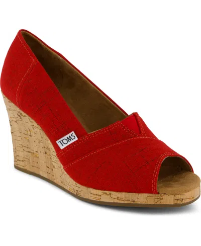 Toms Women's Slip On Wedge Sandals In Red Crosshatch Jacquard
