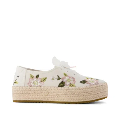 Toms Women's Valencia Lace-up Platform Espadrille Natural Embroidered Floral In White