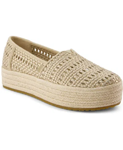 Toms Women's Valencia Platform Espadrille Slip-on Shoes In Champagne Metallic Leather Basket Weave
