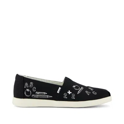 Toms Women's Womens Alpargata Plus Black Slub Woven With Back To School Doodle Embroidery In Multi