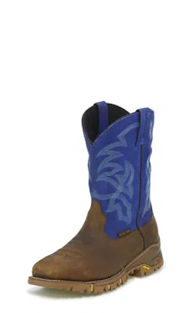 Pre-owned Tony Lama 11in Wp St Mens Victory Blue Roustabout Leather Work Boots