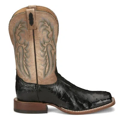 Pre-owned Tony Lama Castillo Ostrich Square Toe Cowboy Mens Black Casual Boots Ep6094