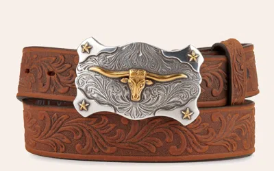 Tony Lama Kids' Aged Brown With Texas Longhorn Buckle Tooled Belt