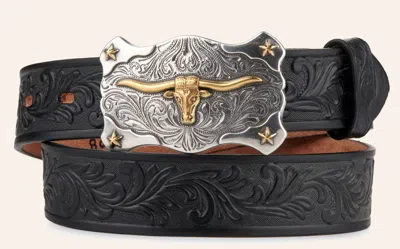 Tony Lama Kids' Black With Texas Longhorn Buckle Tooled Belt