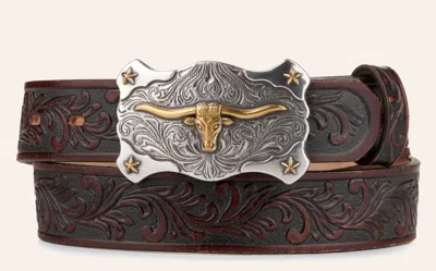 Tony Lama Kids' Brown With Texas Longhorn Buckle Tooled Belt