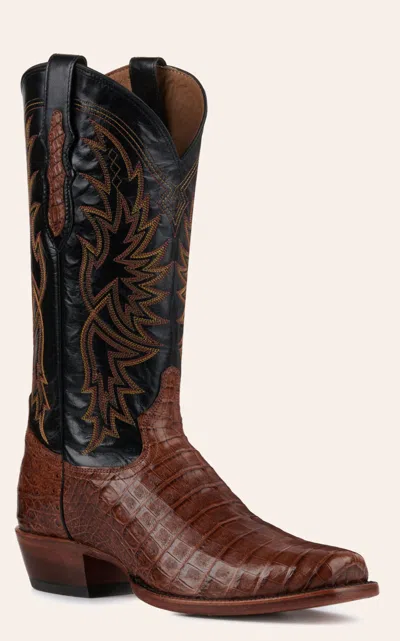 Tony Lama Men's Black And Brown Caiman Belly Punchy Square Toe Exotic Cowboy Boots