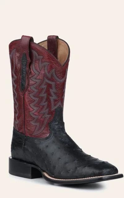 Tony Lama Men's Black Full Quill Ostrich And Dark Red Wide Square Toe Exotic Cowboy Boots In Multi