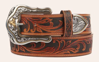 Tony Lama Men's Brown Tooled Floral Pattern Leather With Silver Buckle Western Belt