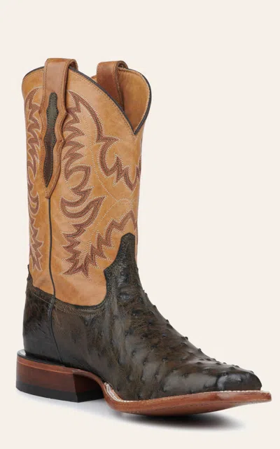 Tony Lama Men's Dark Brown Full Quill Ostrich And Tan Wide Square Toe Exotic Cowboy Boots