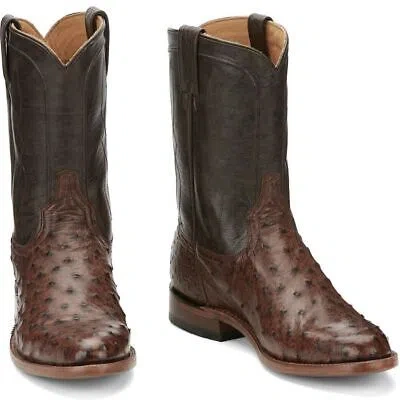 Pre-owned Tony Lama Men's Ep3575 Monterey 10" Brown Full Quill Ostrich Western Boots In Chocolate (brown)