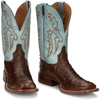Pre-owned Tony Lama Men's Ep6093 Castillo 11" Brown Full Quill Ostrich Sq Toe Cowboy Boots In Bourbon (brown)