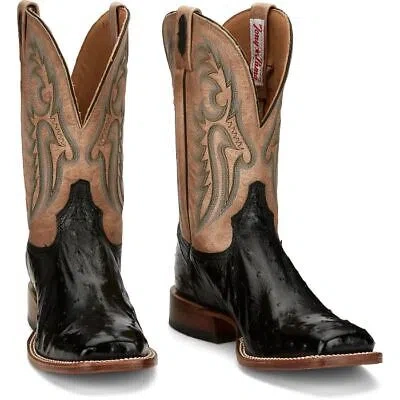 Pre-owned Tony Lama Men's Ep6094 Castillo 11" Black Full Quill Ostrich Sq Toe Cowboy Boots In Onyx (black)