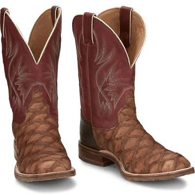 Pre-owned Tony Lama Men's Ep6097 Prescott 11" Brown Pirarucu Sq Toe Western Mid-calf Boots In Toffe (brown)
