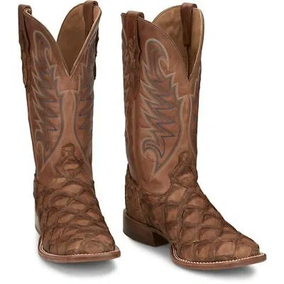 Pre-owned Tony Lama Men's Ep8271 Everett 13" Brown Pirarucu Sq Toe Western Mid-calf Boots In Chocolate (brown)