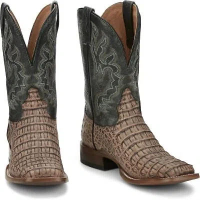 Pre-owned Tony Lama Men's Tl5258 Marfa 11" Brown Caiman Square Toe Block Heel Cowboy Boots
