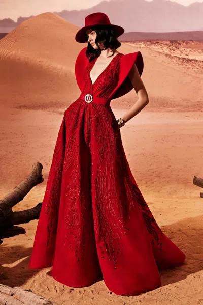 Tony Ward A-line Embroidered Gown With Belt In Multi
