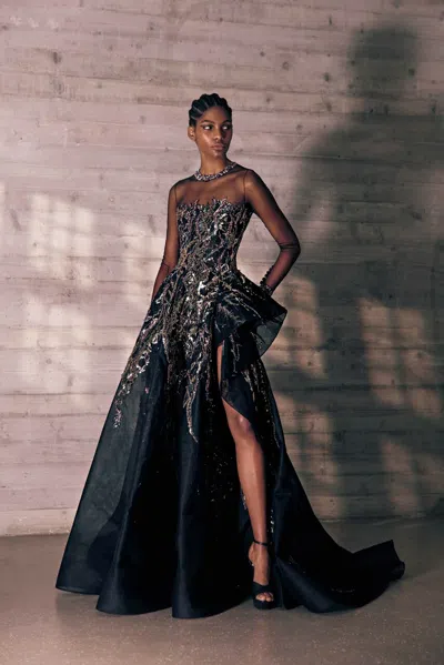 Tony Ward A-line Tulle Gown With High Slit In Multi
