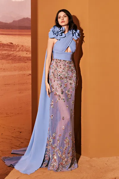 Tony Ward Crepe Criss-cross Tulle Gown In Multi