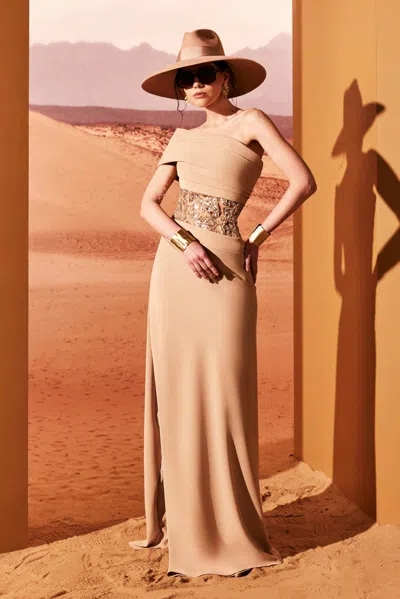 Tony Ward Crepe Off Shoulder Slit Gown In Multi