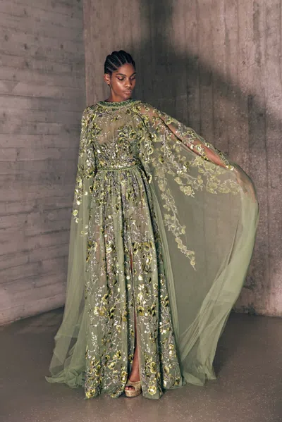 Tony Ward Embroidered Caftan Sleeve Gown In Beige